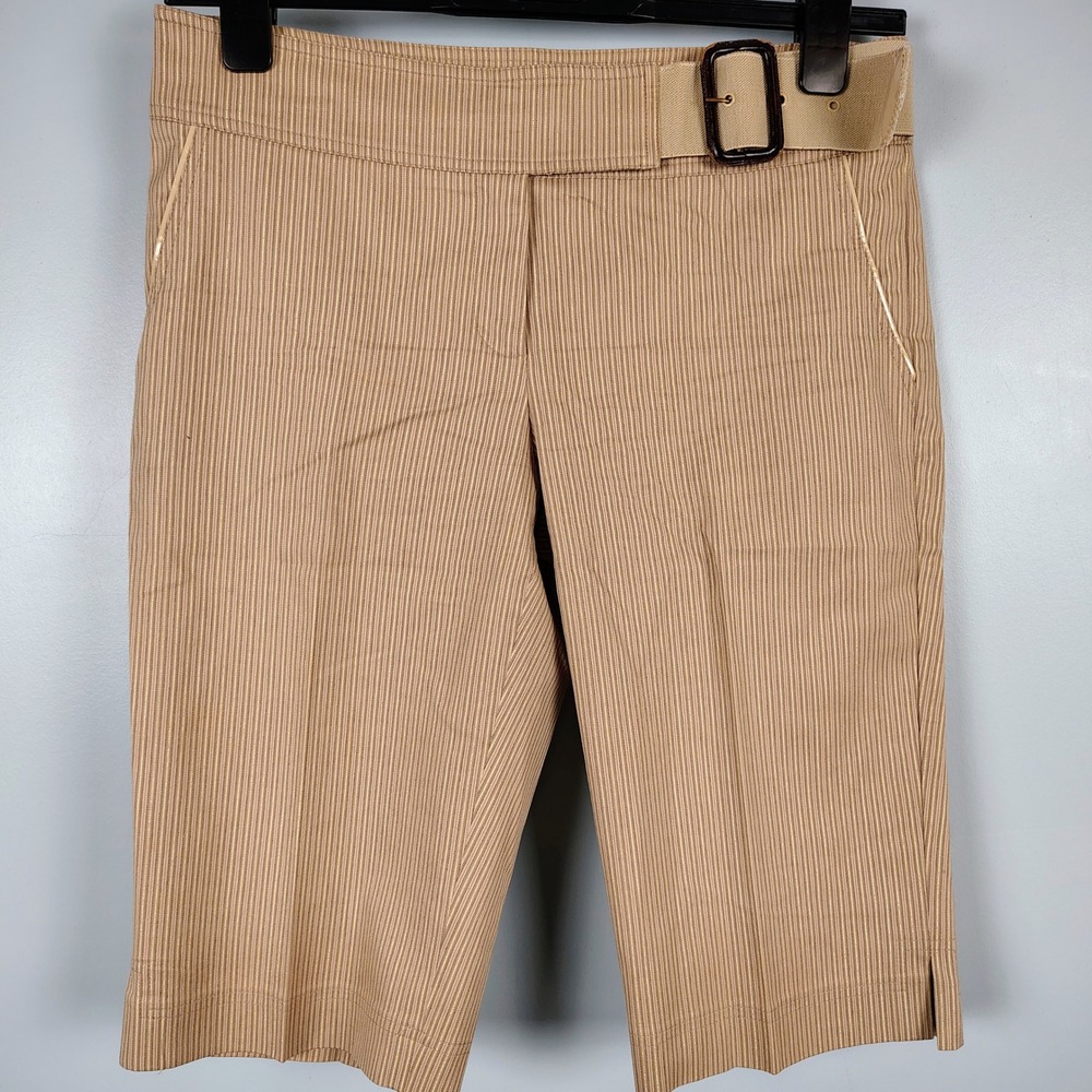 Cache Womens 8 Bermuda Shorts Tan Gold Metallic Pinstripe Belted Officecore